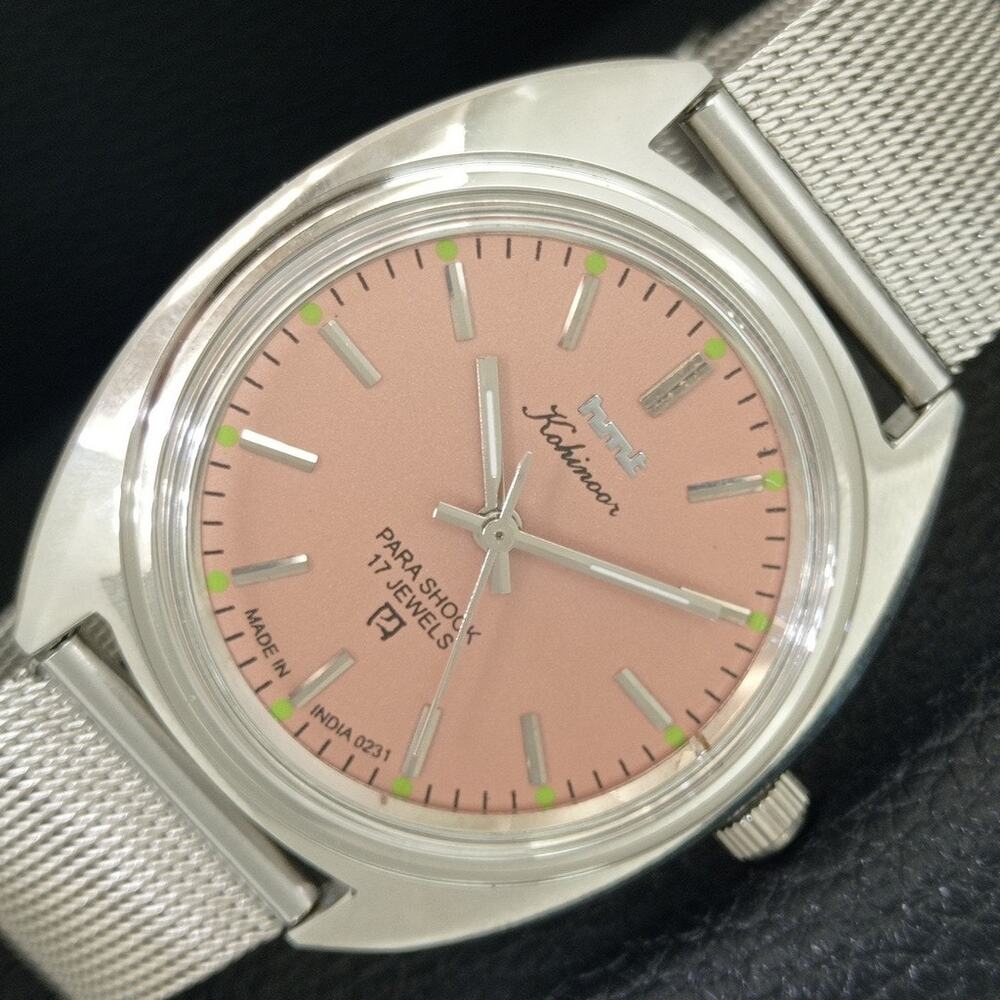 Vintage 1987 HMT Manual Wound Mens Silver Watch & Brown accents